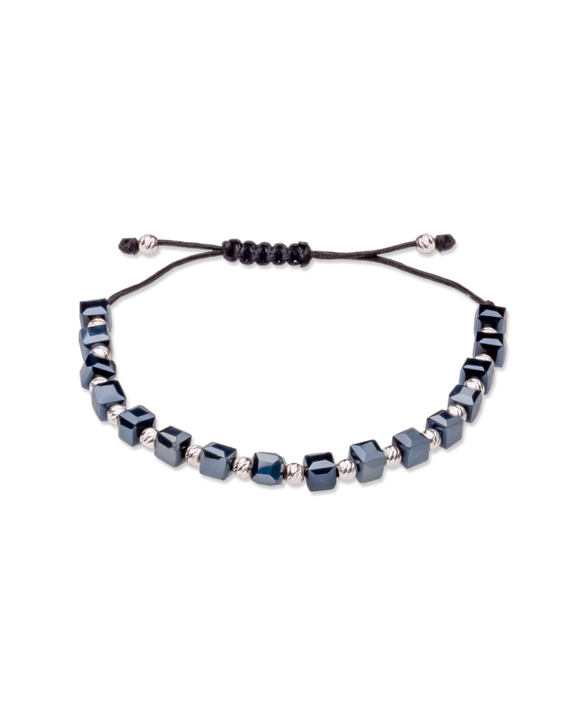 Black string bracelet with silver And Hematites