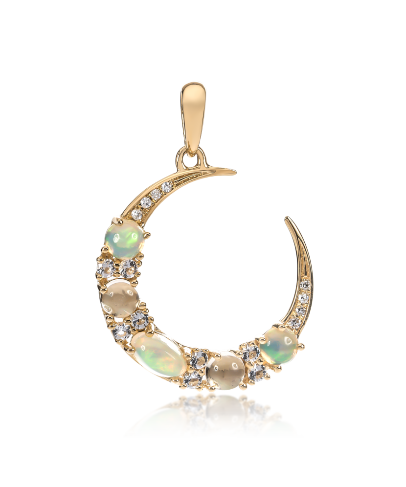 Yellow gold pendant with diamonds, opals and topazes