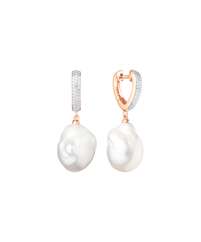 Gilded sterling silver earrings with Kasumi pearls and zircons