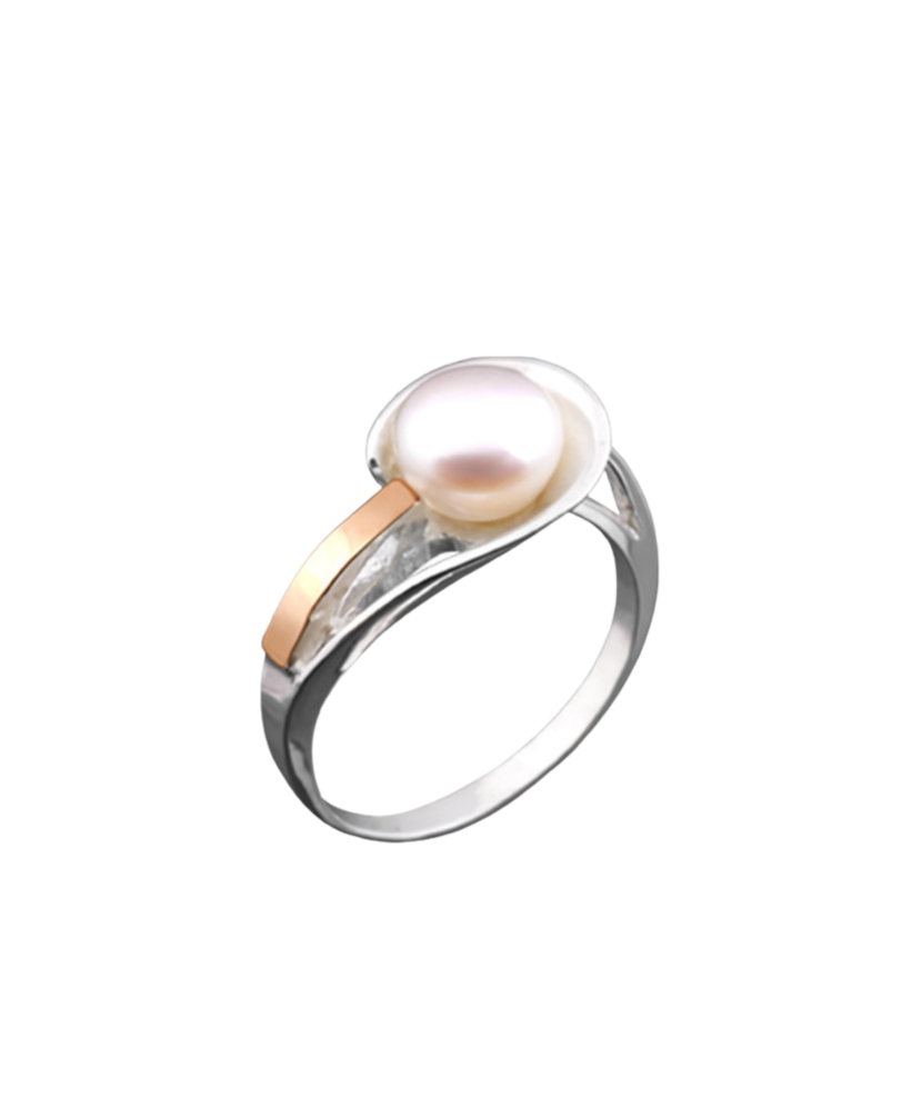 Silver ring plated with gold with pearl and zircons