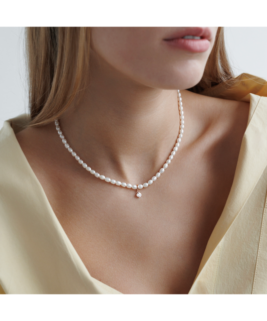 Pearl Necklace With Gold Plated Silver and Zircon Pendant