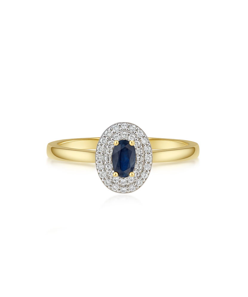 Yellow gold ring with sapphire and diamonds