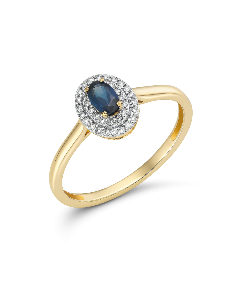 Yellow gold ring with sapphire and diamonds