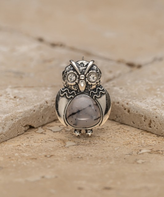 Sterling Silver brooch with agate and zircons "Owl"