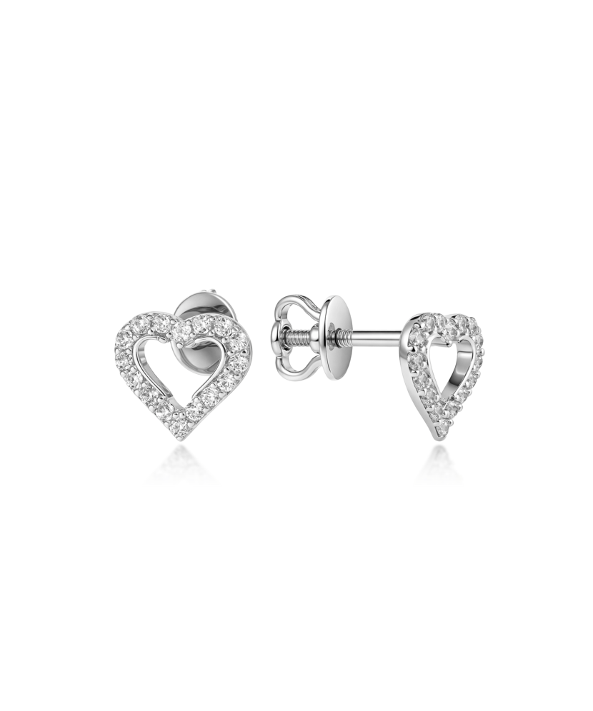White gold earrings with zircons "heart"