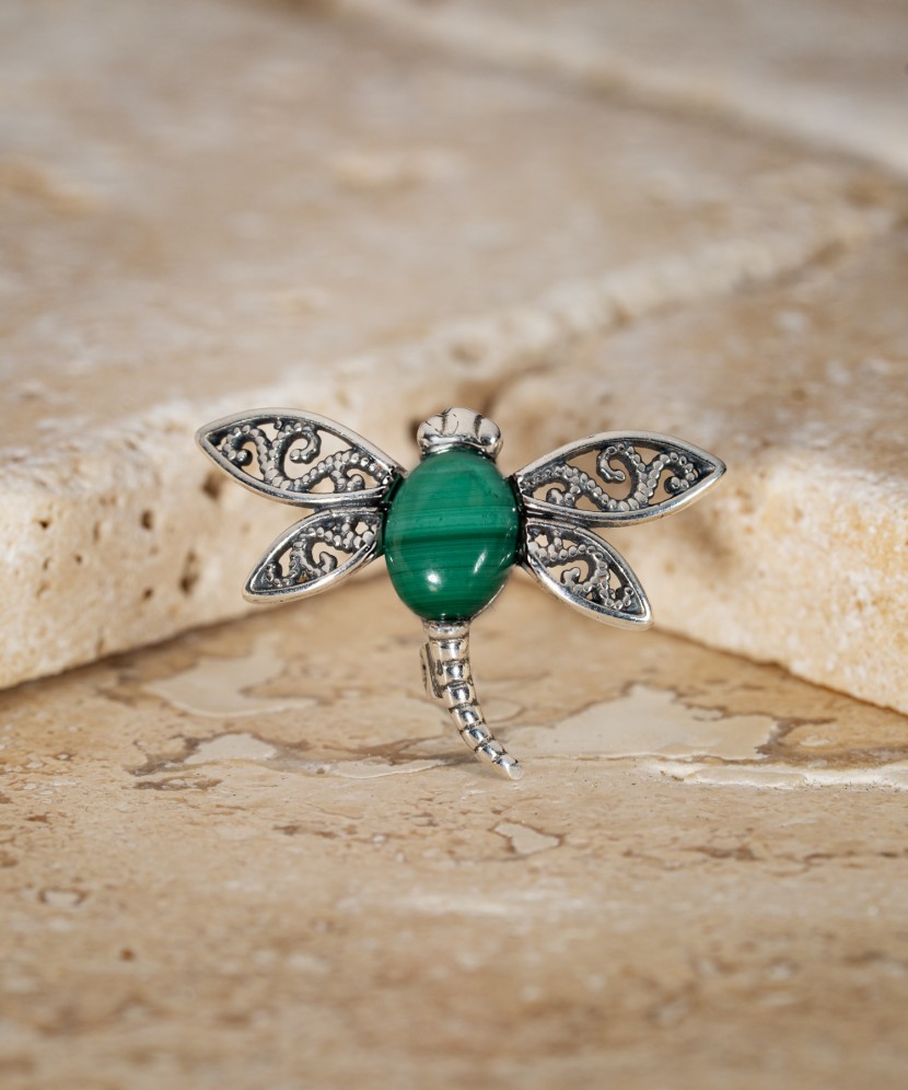 Sterling silver brooch with malachite "Dragonfly"