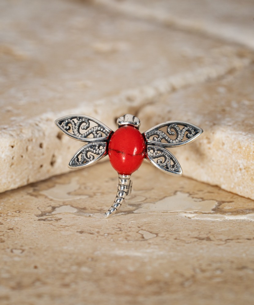 Sterling silver brooch with coral "Dragonfly"