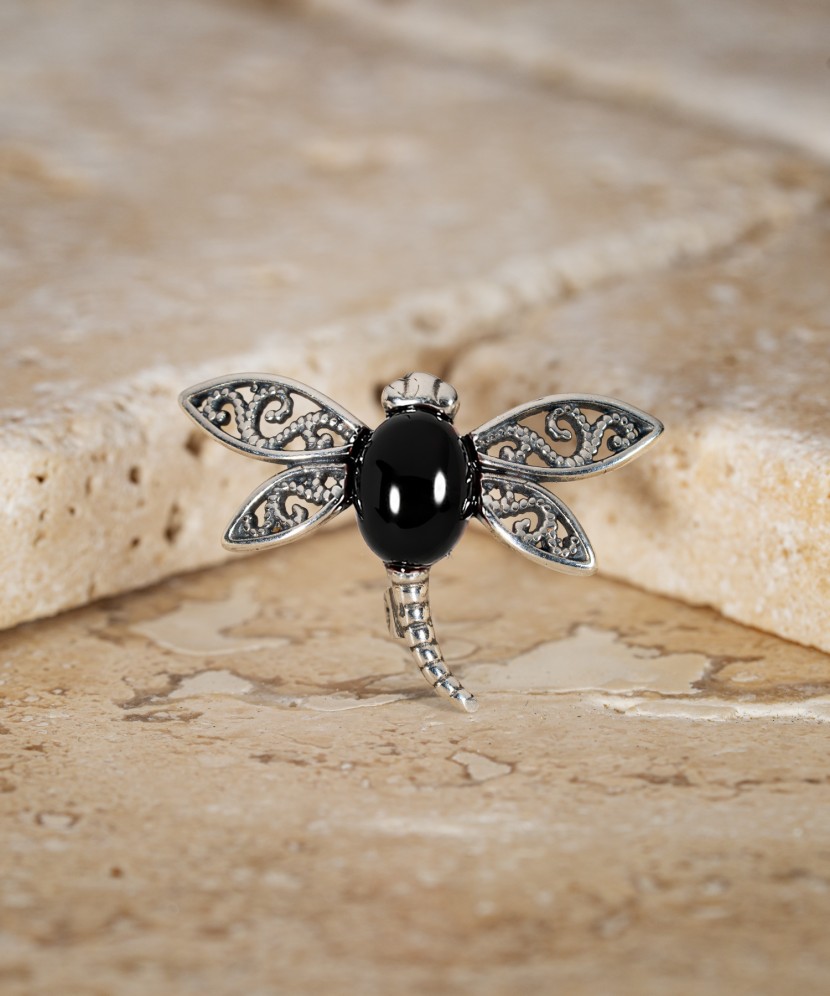Sterling silver brooch with onyx "Dragonfly"