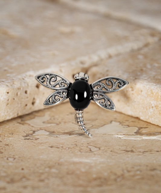 Sterling silver brooch with onyx "Dragonfly"