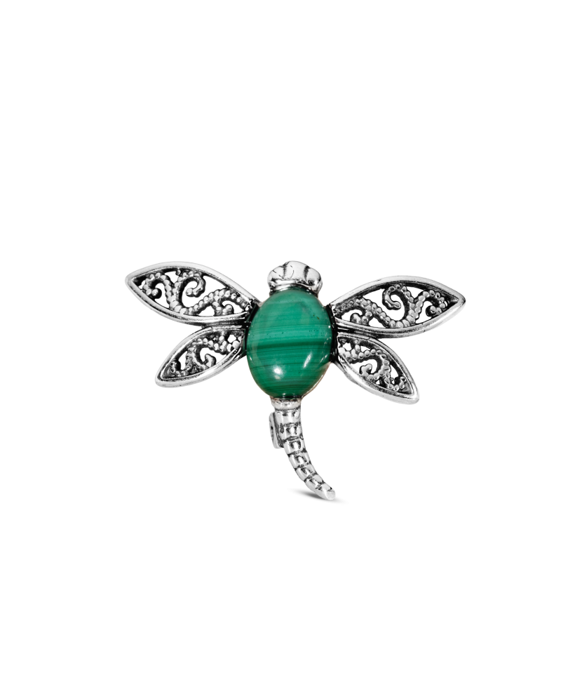 Sterling silver brooch with malachite "Dragonfly"