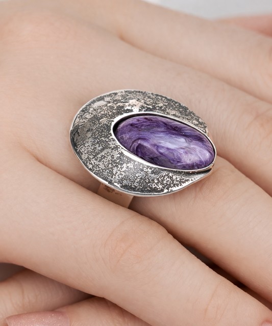 Silver ring with charoite