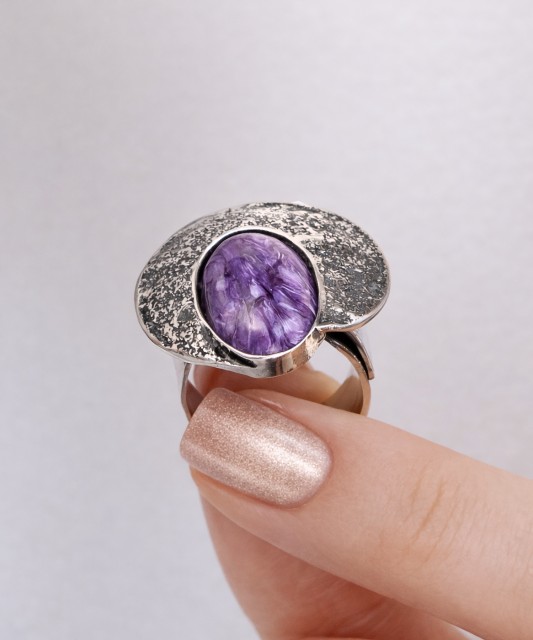 Silver ring with charoite