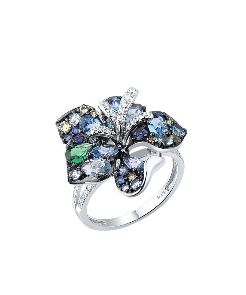 Silver ring with zircons and spinels "Flower"