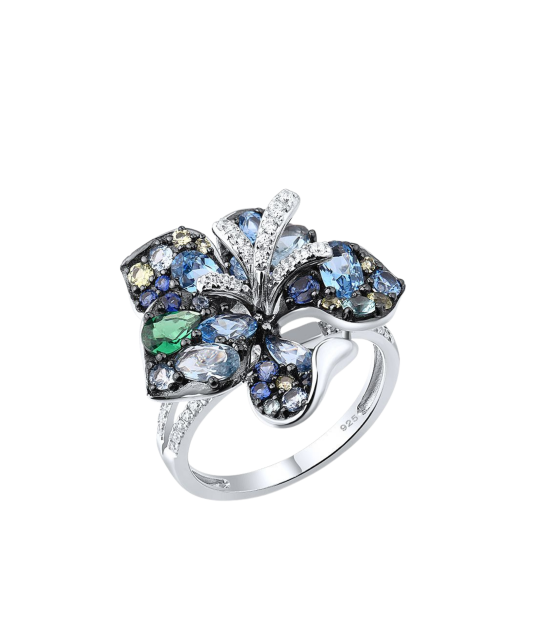 Silver ring with zircons and spinels "Flower"