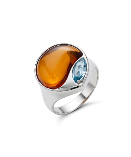 Sterling Silver ring with amber and topaz