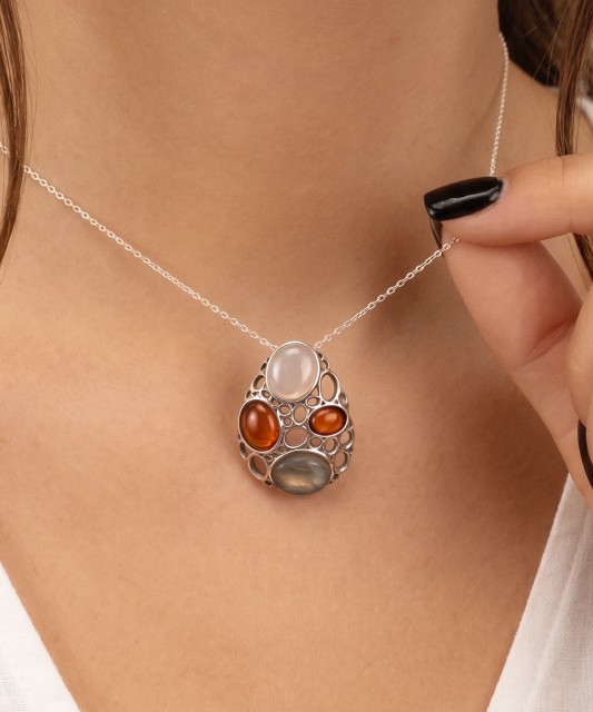 Sterling Silver pendant with amber and labradorite