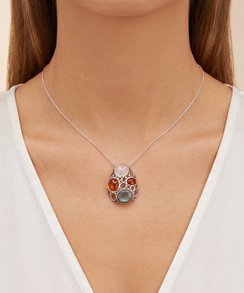 Sterling Silver pendant with amber and labradorite
