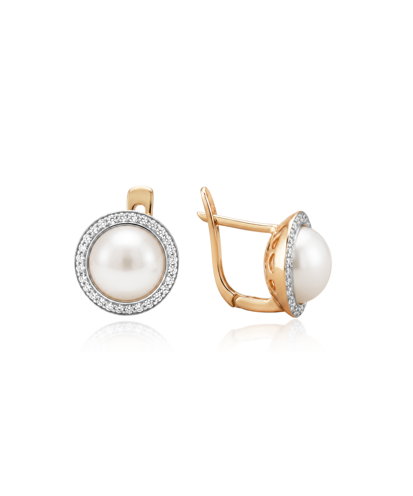 Gold earrings with pearls and zirconium