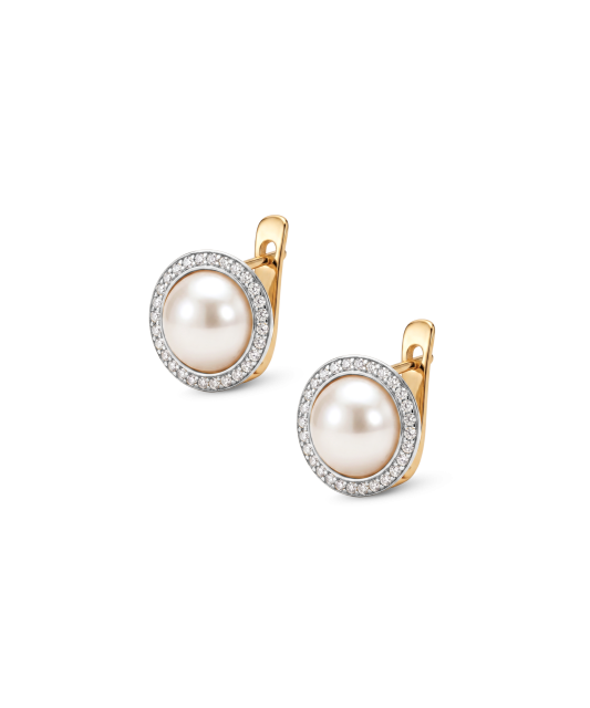 Gold earrings with pearls and zirconium