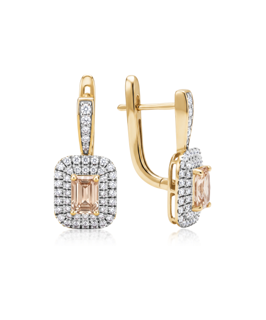 Yellow gold earrings with diamonds and morganites