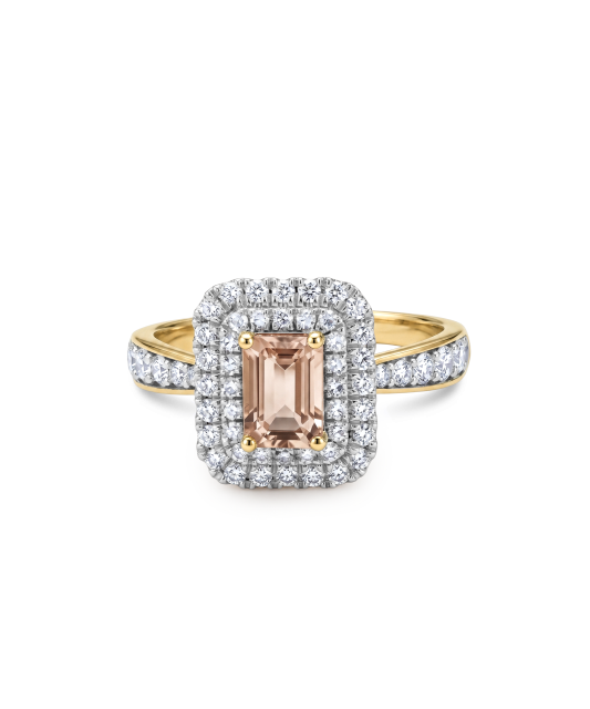 Yellow gold ring with diamonds and morganites