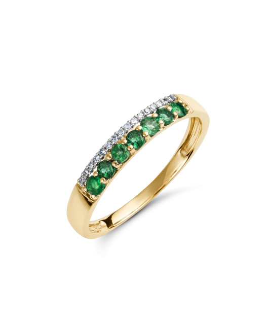 Yellow gold ring with diamonds and emeralds