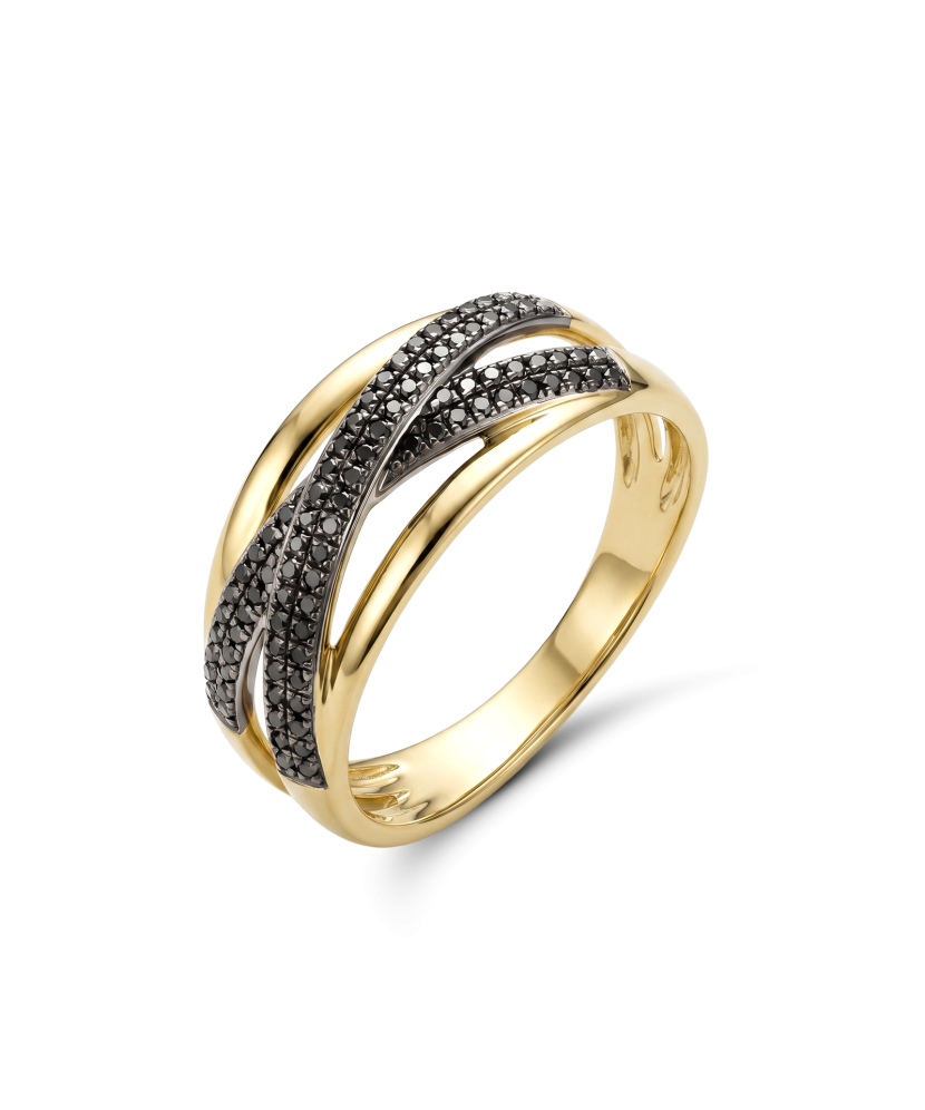 Yellow gold ring with black diamonds