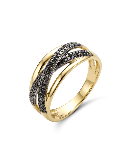 Yellow gold ring with black diamonds