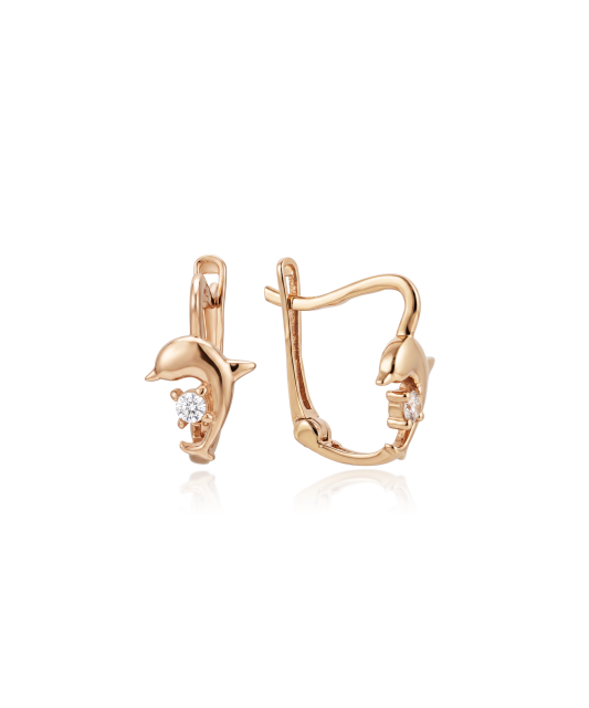 Gold earrings with zircons "Dolphin"