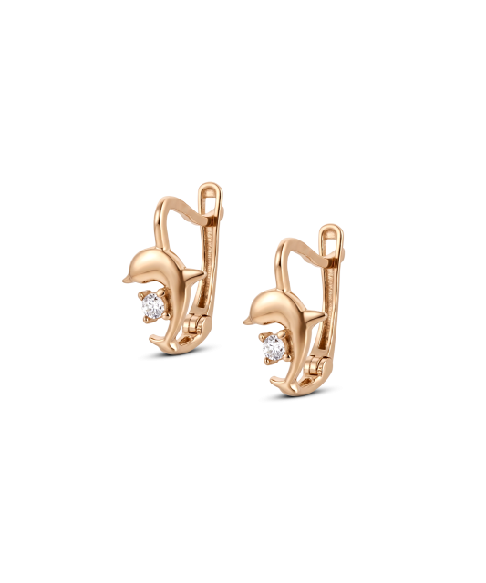 Gold earrings with zircons "Dolphin"