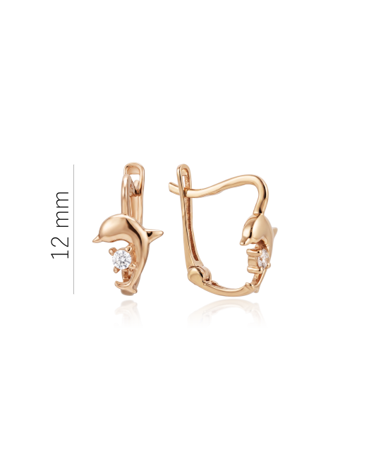 Gold earrings with zircons "Dolphin"