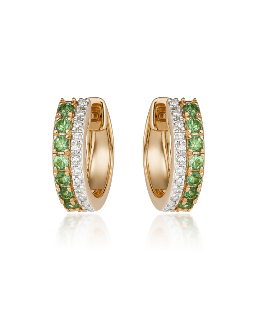 Gold earrings with diamonds and green garnet