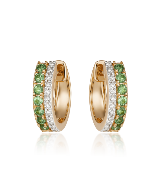 Gold earrings with diamonds and green garnet