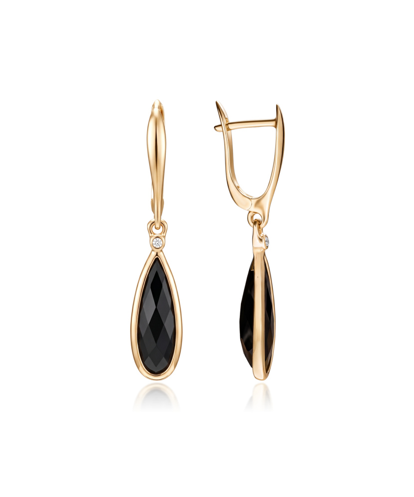 Gold earrings with black agates and diamonds