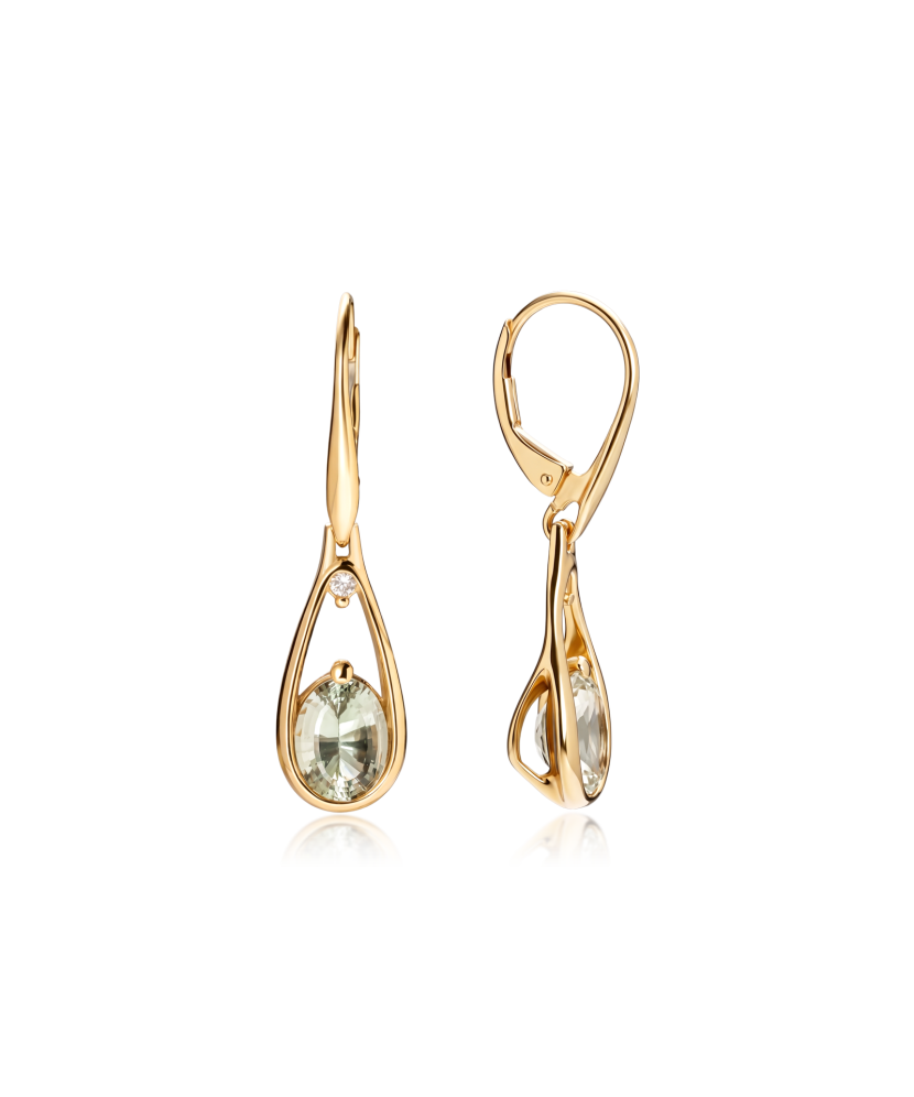 Gold earrings with green amethysts and diamonds
