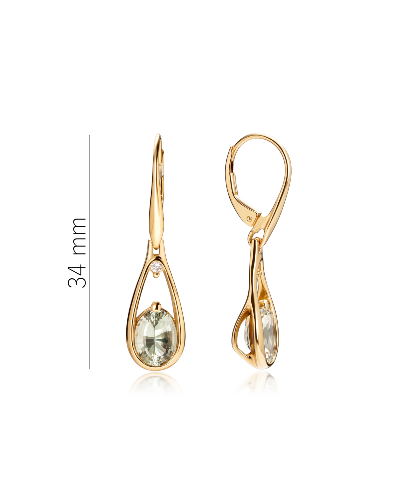 Gold earrings with green amethysts and diamonds