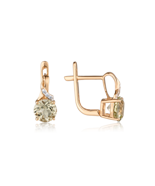 Gold earrings with green amethysts and diamonds