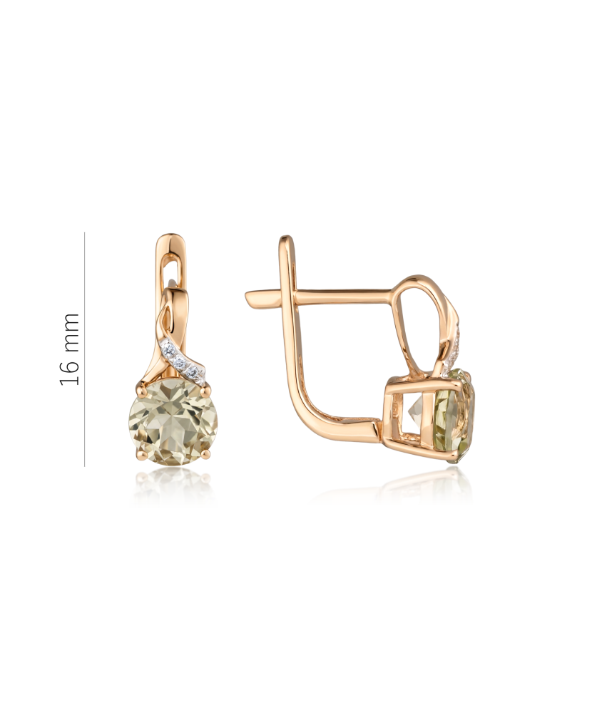 Gold earrings with green amethysts and diamonds