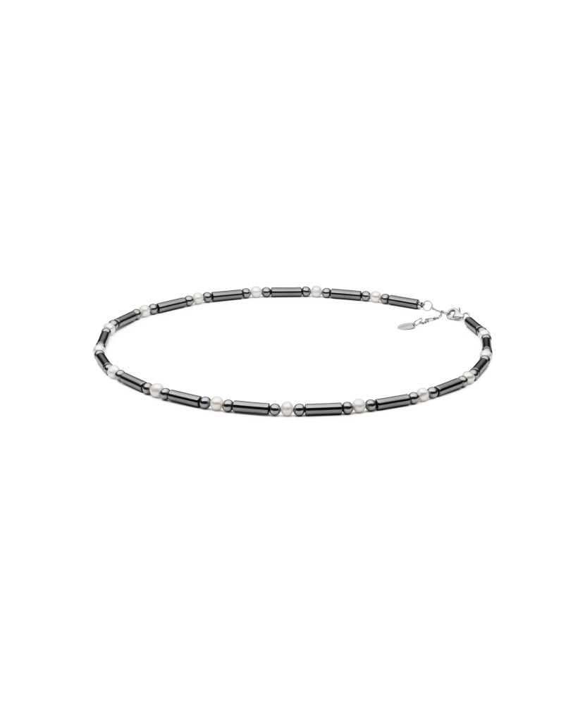 Necklace with terahertz, hematite and pearl