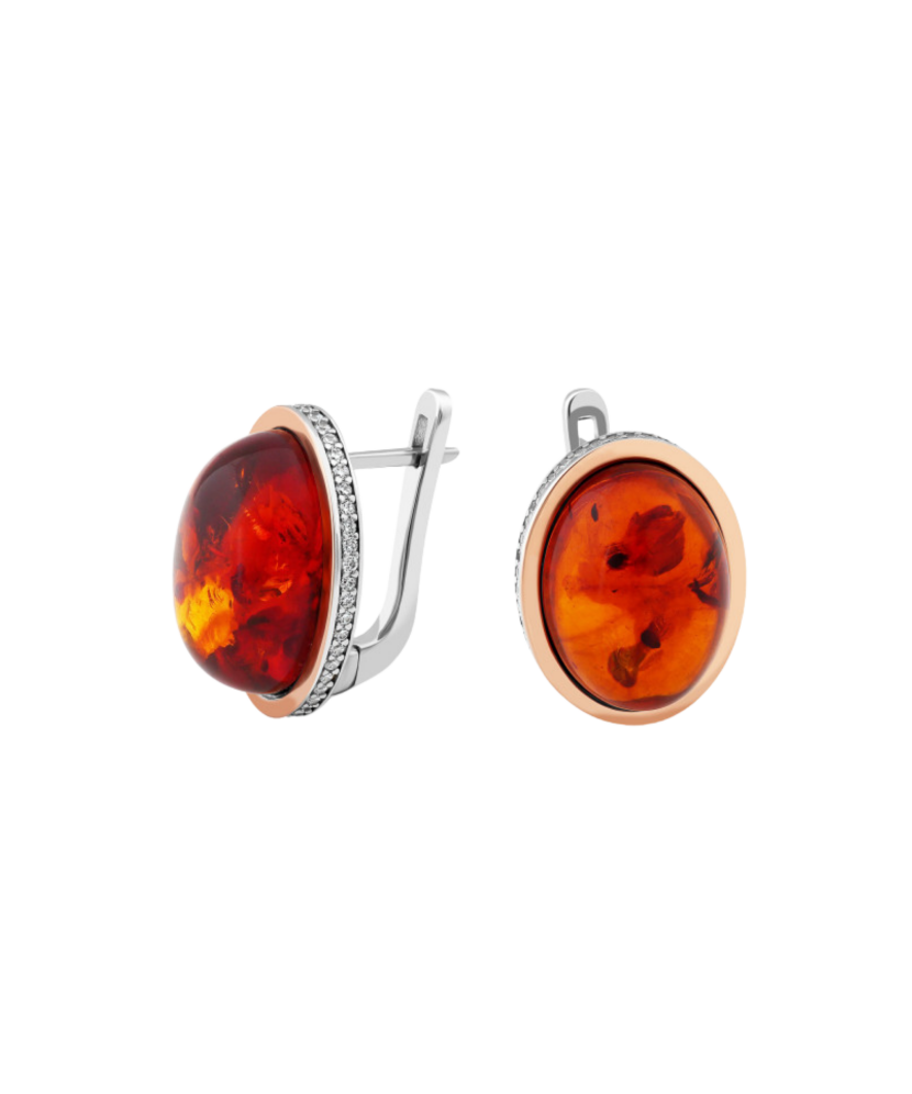 Gold-plated silver earrings with cubic zirconia and amber