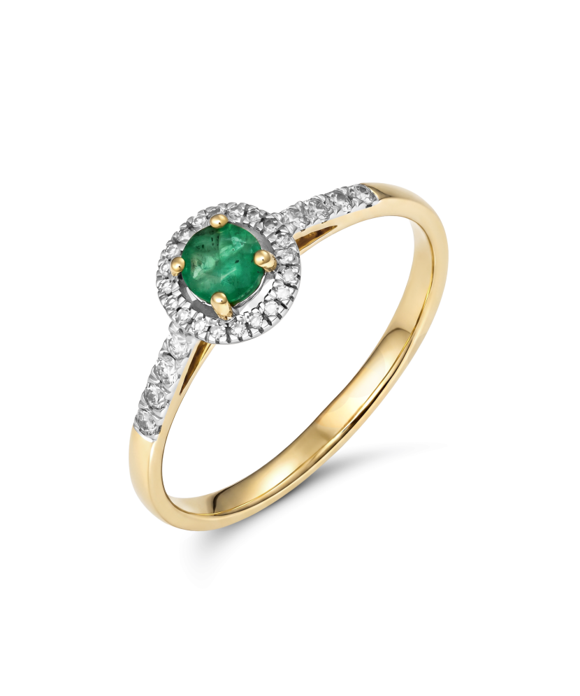 Yellow gold ring with diamonds and emerald