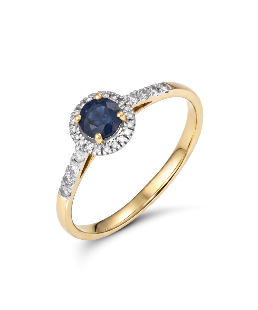 Yellow gold ring with diamonds and sapphire