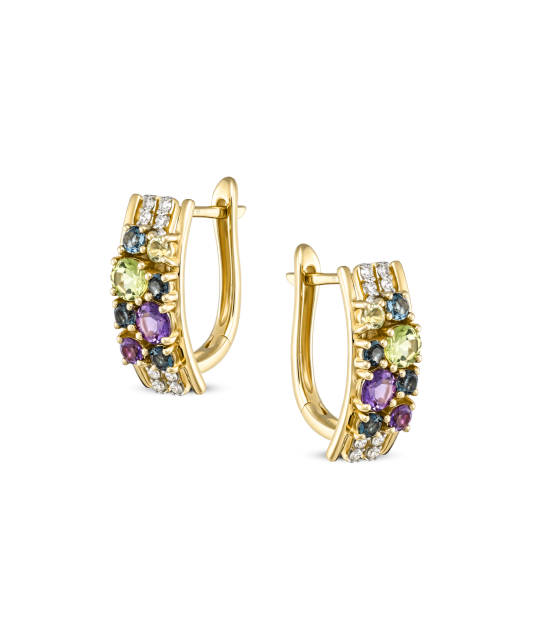 Yellow gold earrings with diamonds, amethysts, topazes and green amethysts