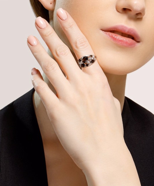 Sterling silver ring with smoky topazes and zircons