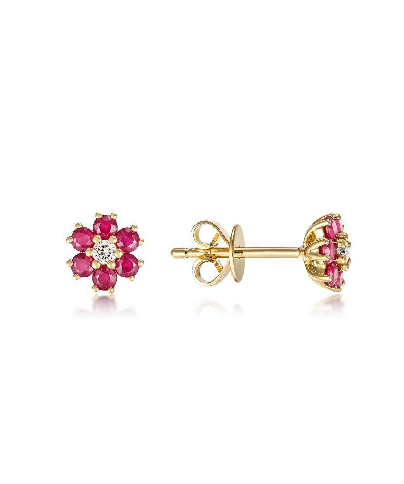 Yellow gold earrings with diamond and rubies