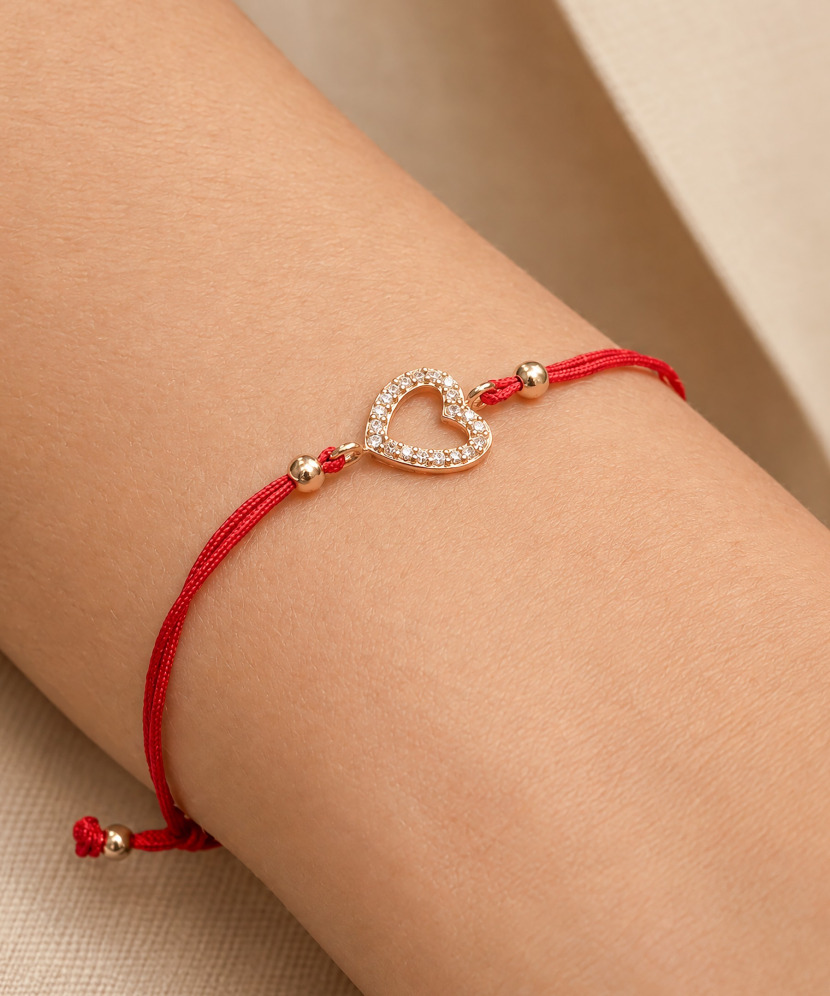 Red string bracelet with gold zirconia pendant “Heart”
