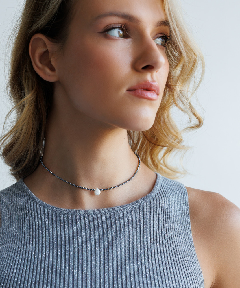 Terahertz necklace with pearl and silver