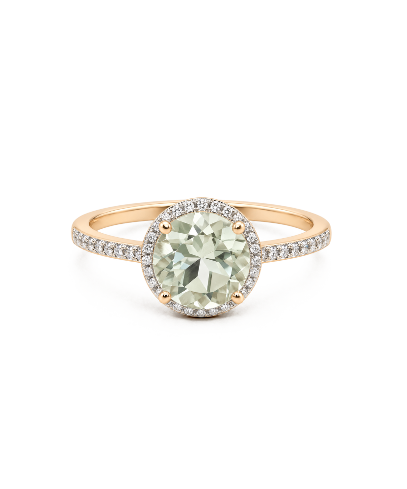 Gold ring with green amethyst and diamonds
