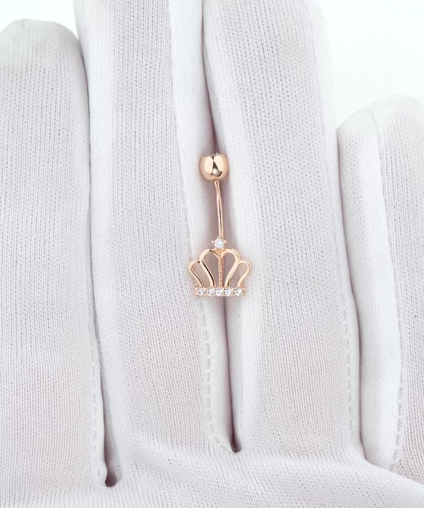 Золотая серьга в пупок с цирконами