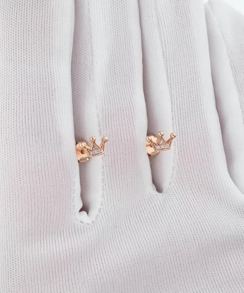 Gold earrings with zircons "crown"